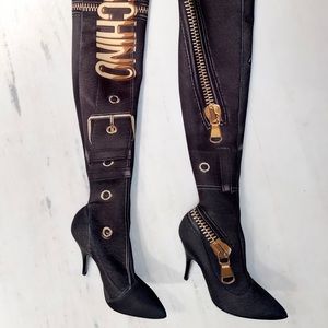 Moschino Over The Knee Black Heels Biker Boots